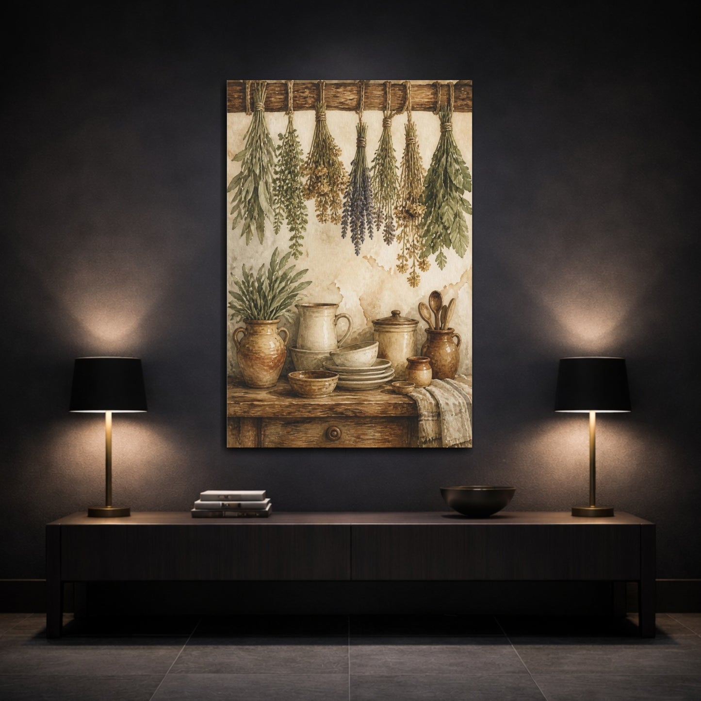 Mockup 3. Rustic Hanging Herbs & Crockery shown as canvas print