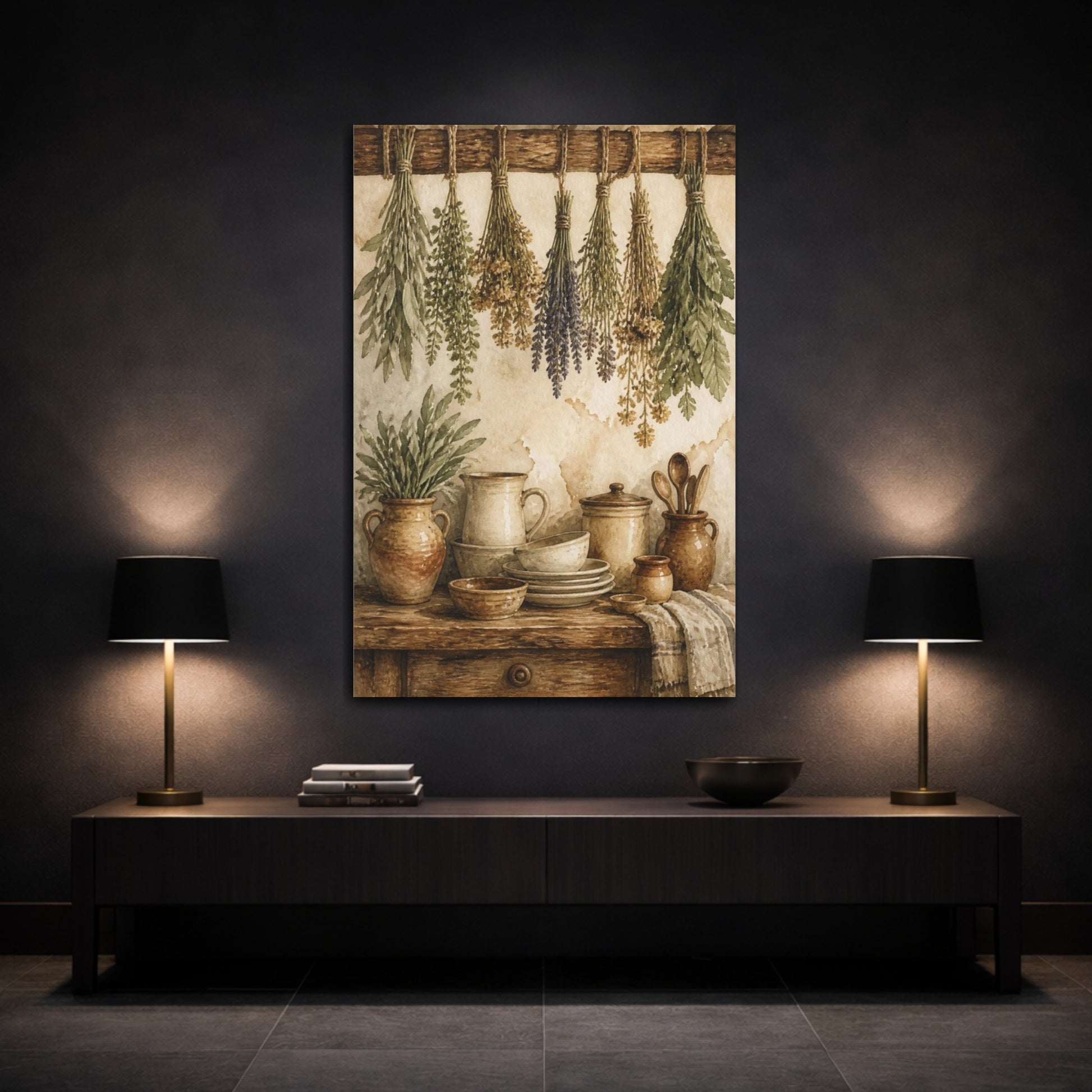Mockup 3. Rustic Hanging Herbs & Crockery shown as canvas print