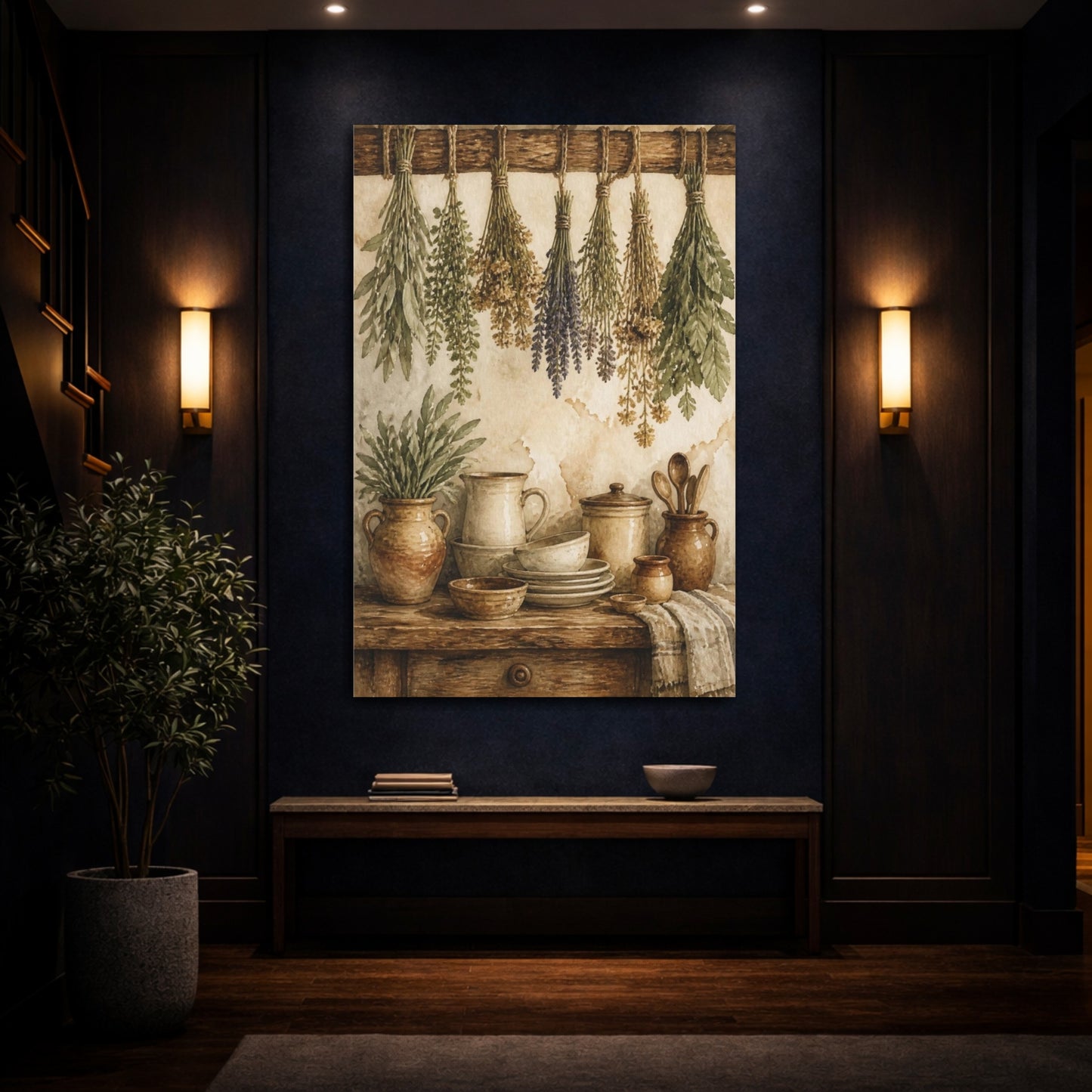 Mockup 4. Rustic Hanging Herbs & Crockery shown as canvas print