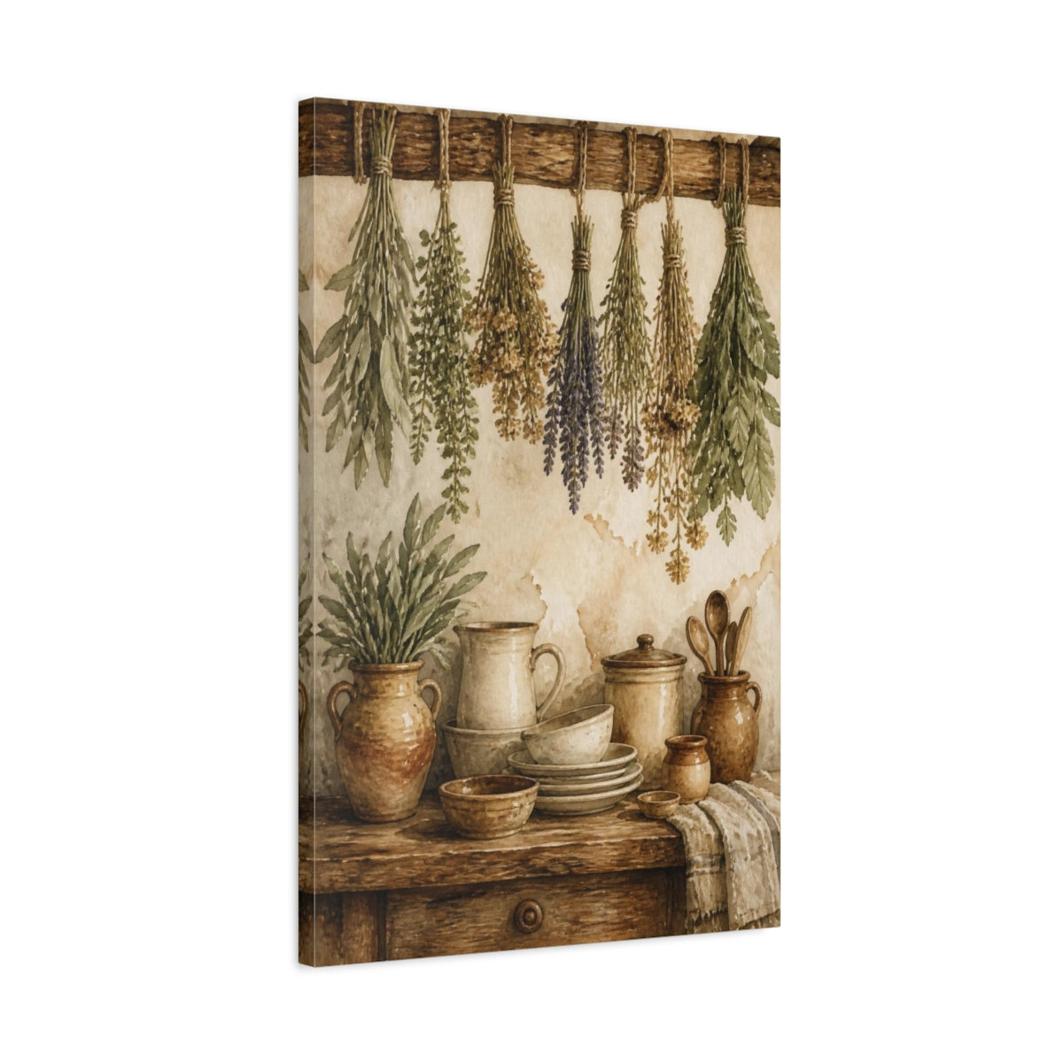 Side Mockup 2. Rustic Hanging Herbs & Crockery shown as canvas print