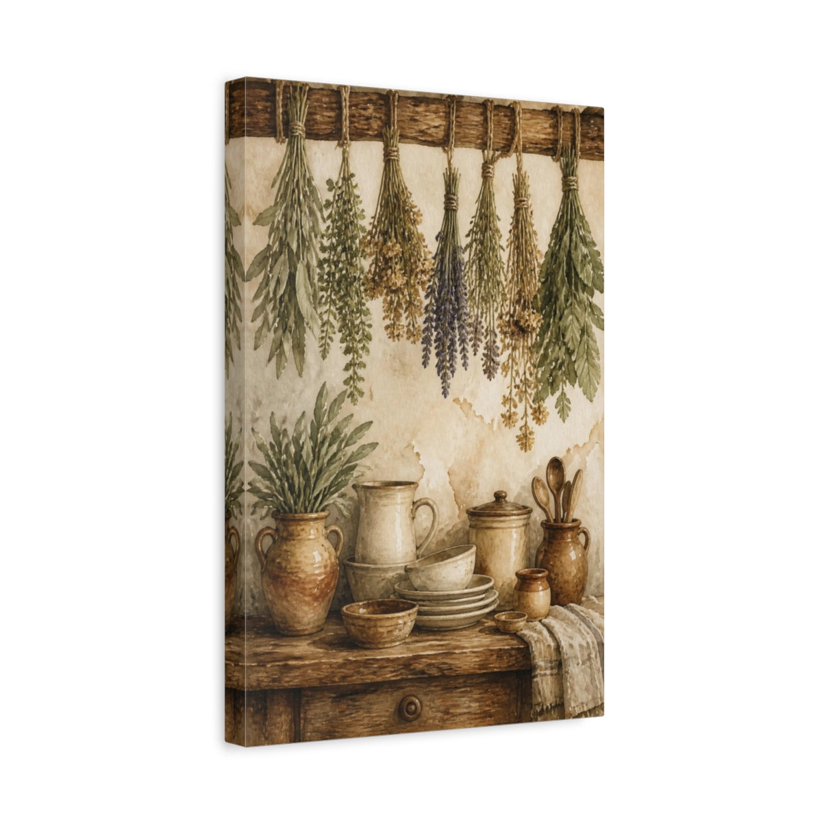 Side Mockup 4. Rustic Hanging Herbs & Crockery shown as canvas print