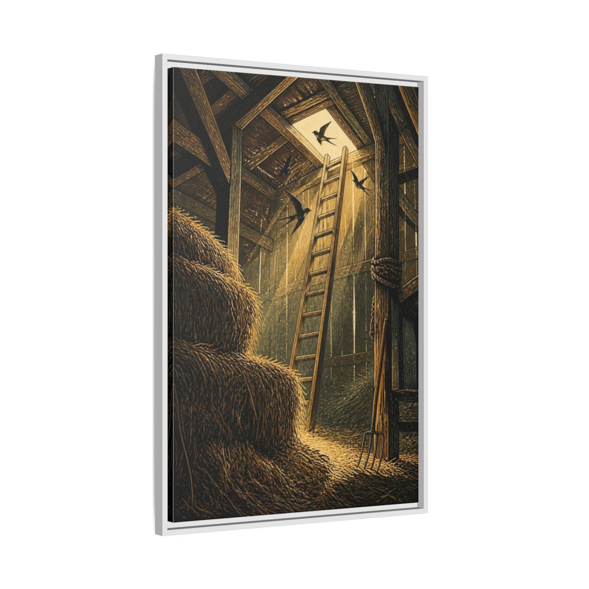Side Mockup 9. Rustic Hayloft Ladder shown as framed canvas print