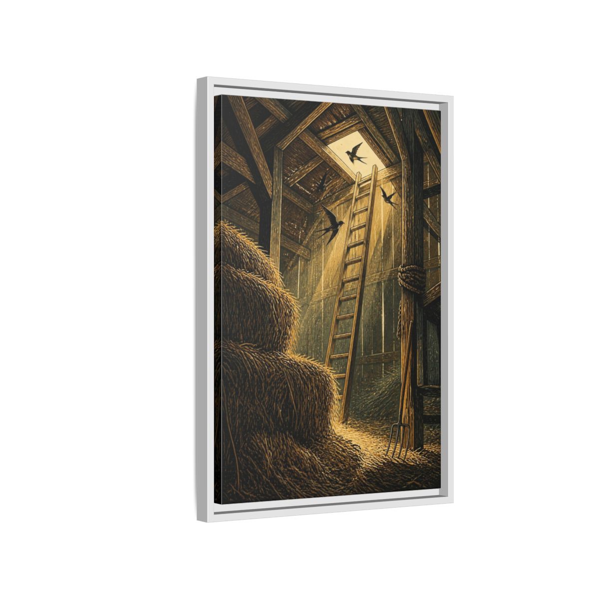 Side Mockup 1. Rustic Hayloft Ladder shown as framed canvas print