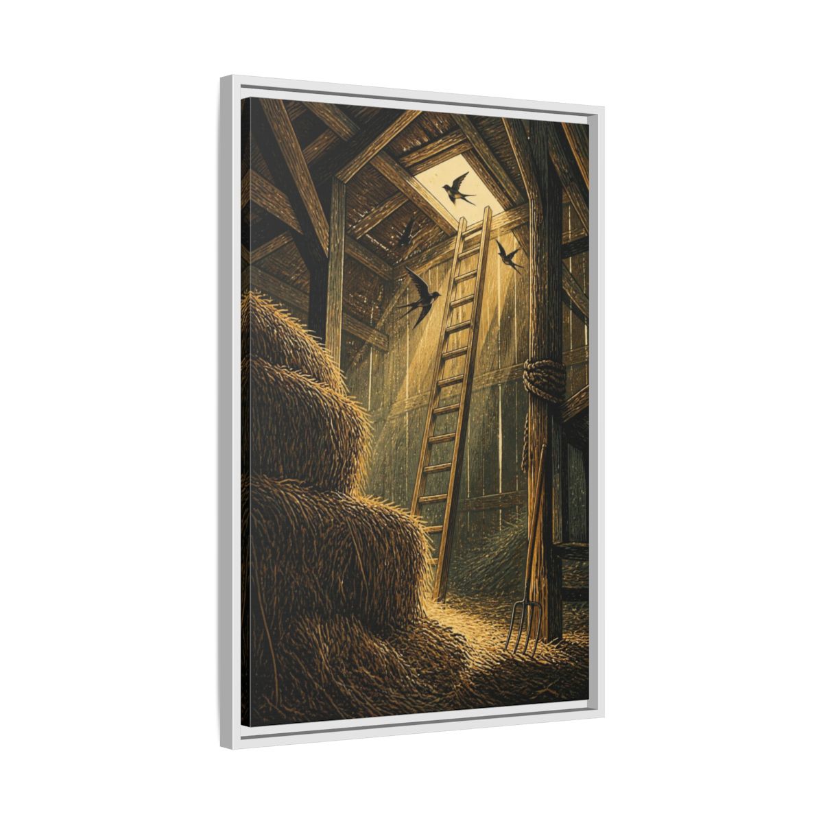 Side Mockup 10. Rustic Hayloft Ladder shown as framed canvas print