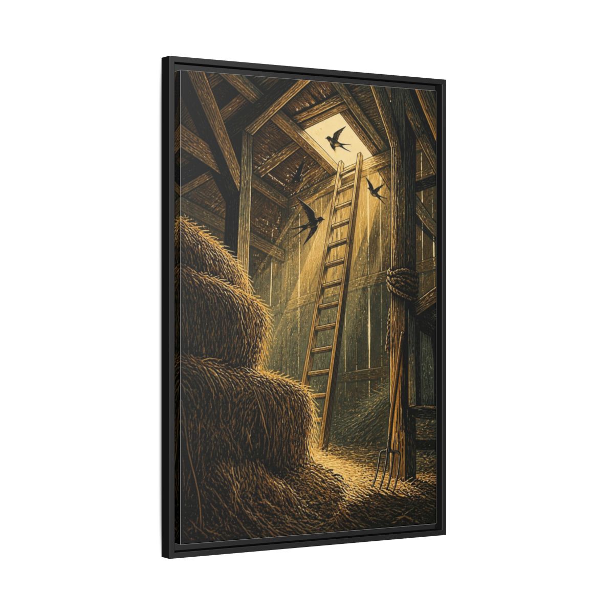 Side Mockup 13. Rustic Hayloft Ladder shown as framed canvas print