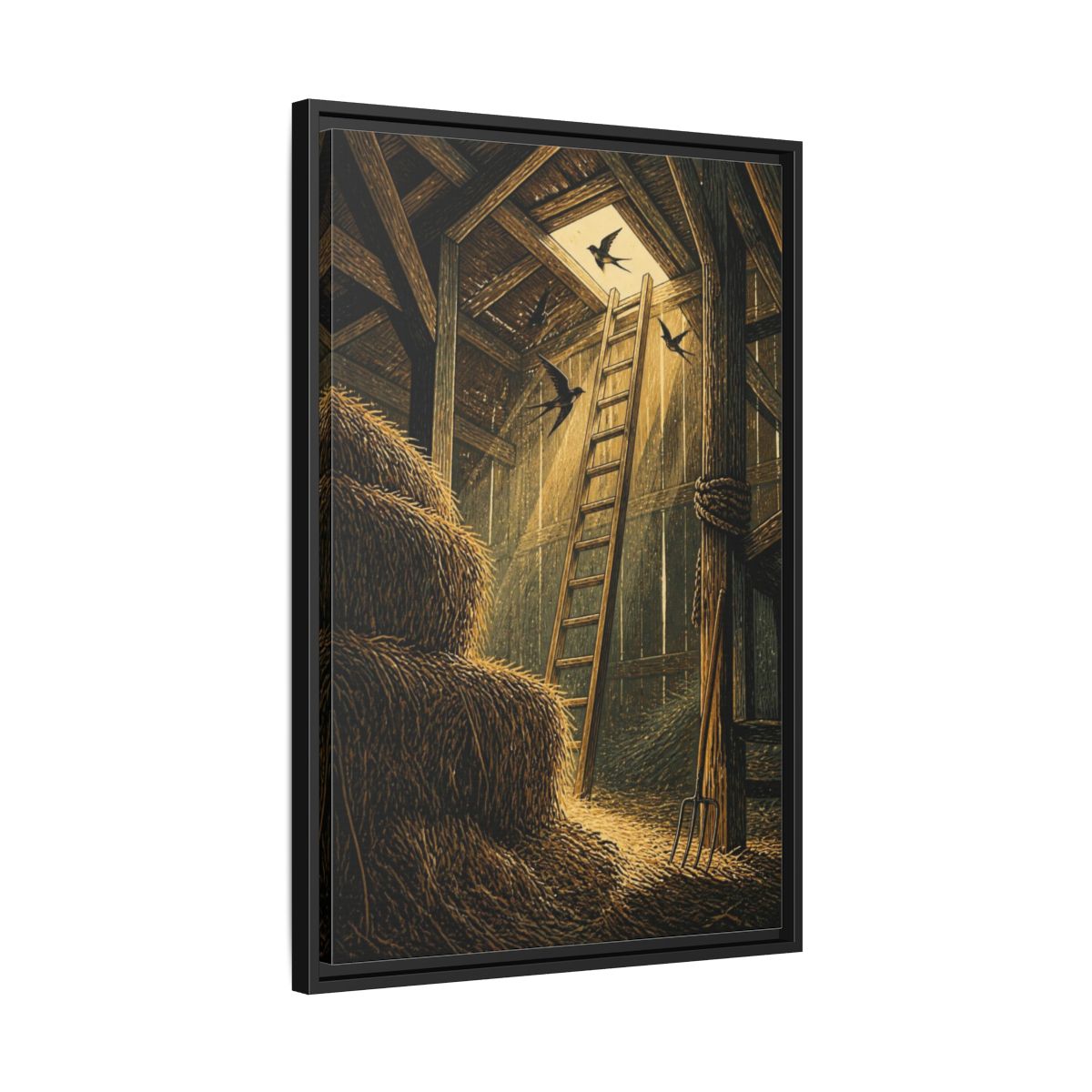 Side Mockup 14. Rustic Hayloft Ladder shown as framed canvas print