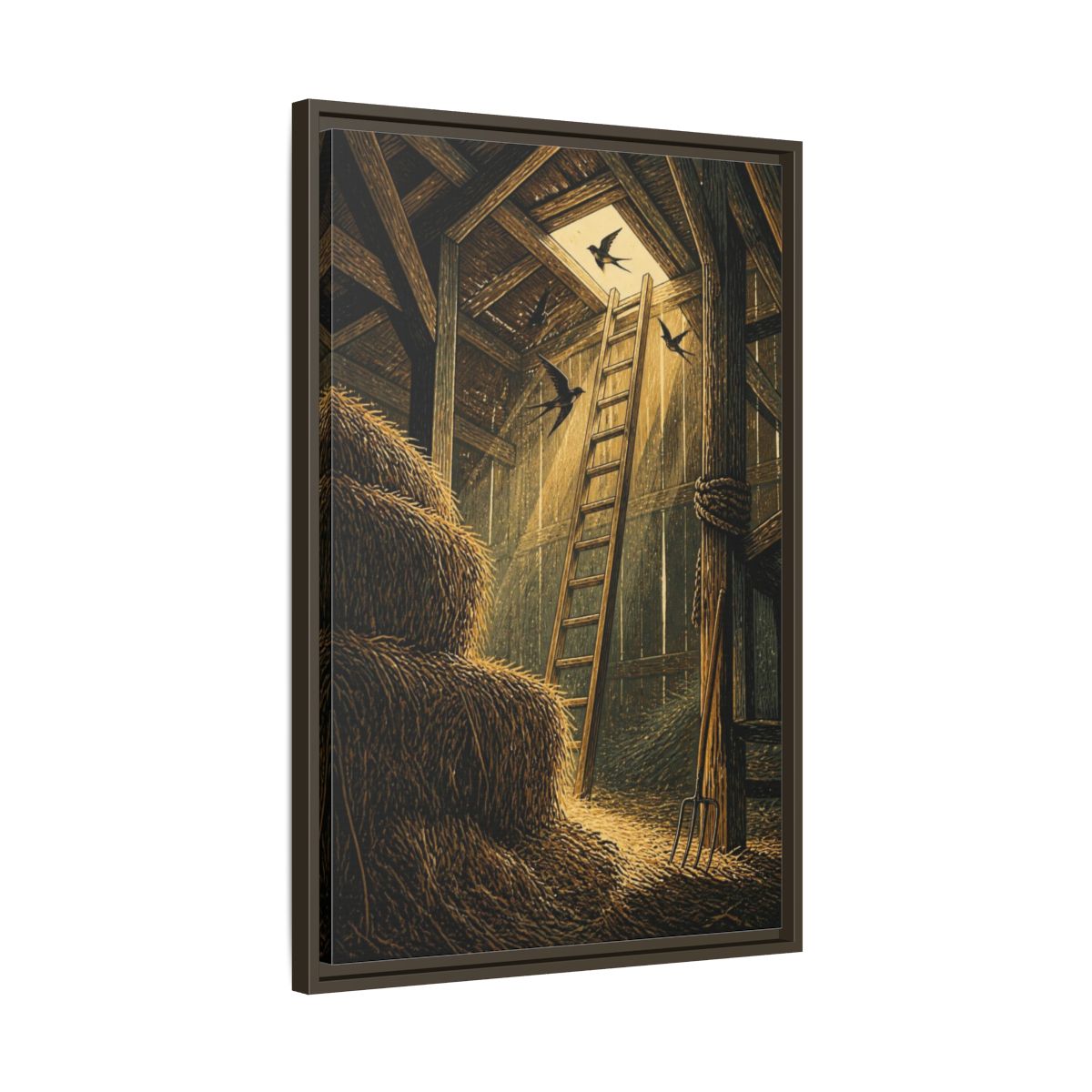 Side Mockup 11. Rustic Hayloft Ladder shown as framed canvas print