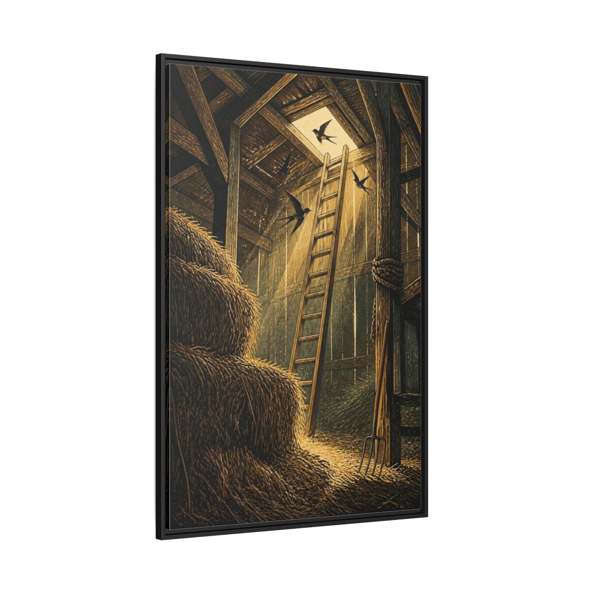 Side Mockup 12. Rustic Hayloft Ladder shown as framed canvas print