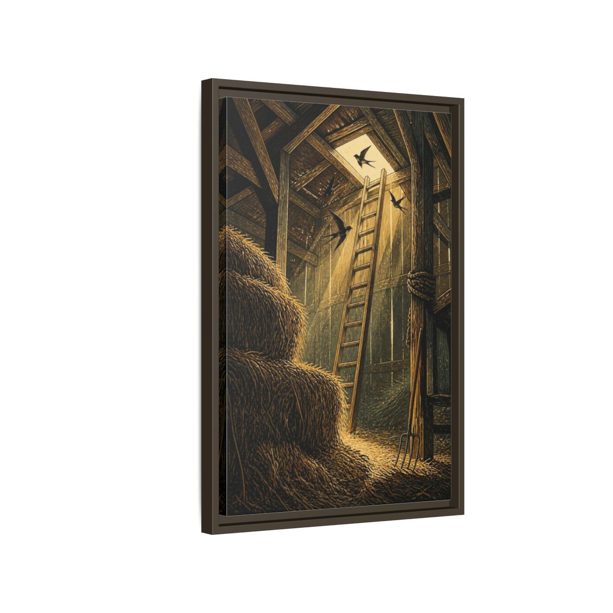 Side Mockup 2. Rustic Hayloft Ladder shown as framed canvas print