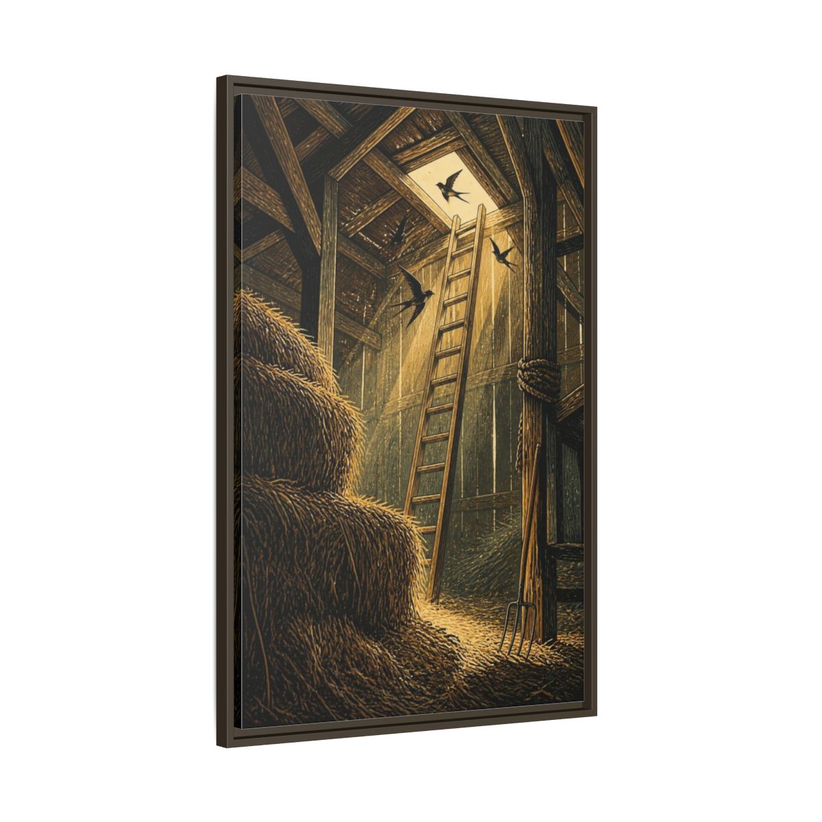 Main Mockup. Rustic Hayloft Ladder shown as framed canvas print