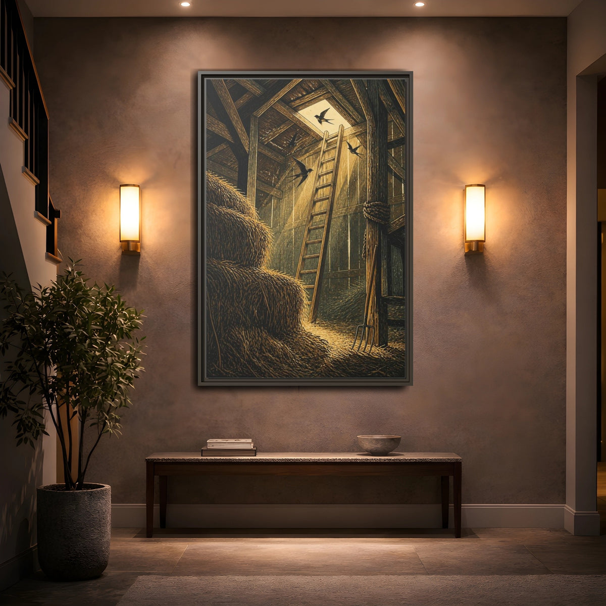 Mockup 2. Rustic Hayloft Ladder shown as framed canvas print