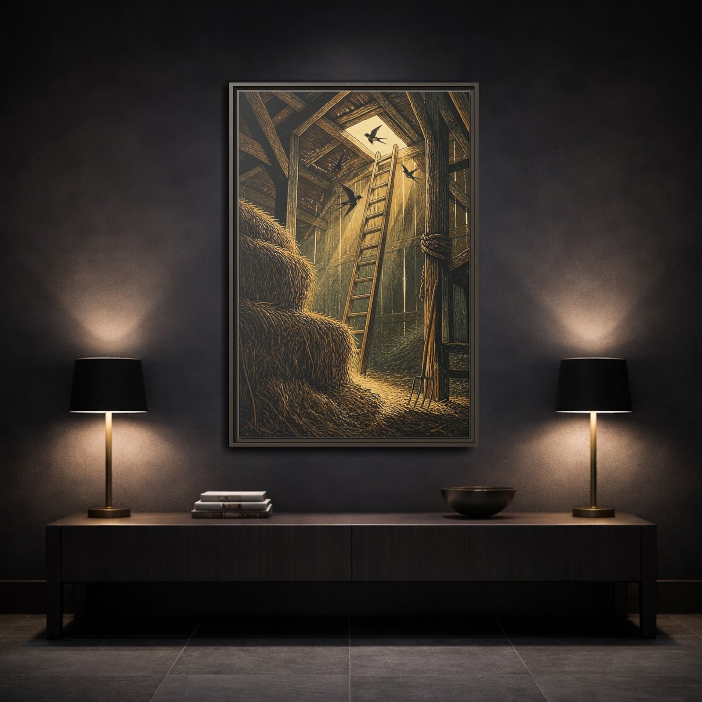 Mockup 3. Rustic Hayloft Ladder shown as framed canvas print