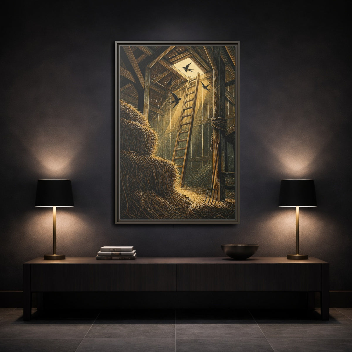 Mockup 3. Rustic Hayloft Ladder shown as framed canvas print