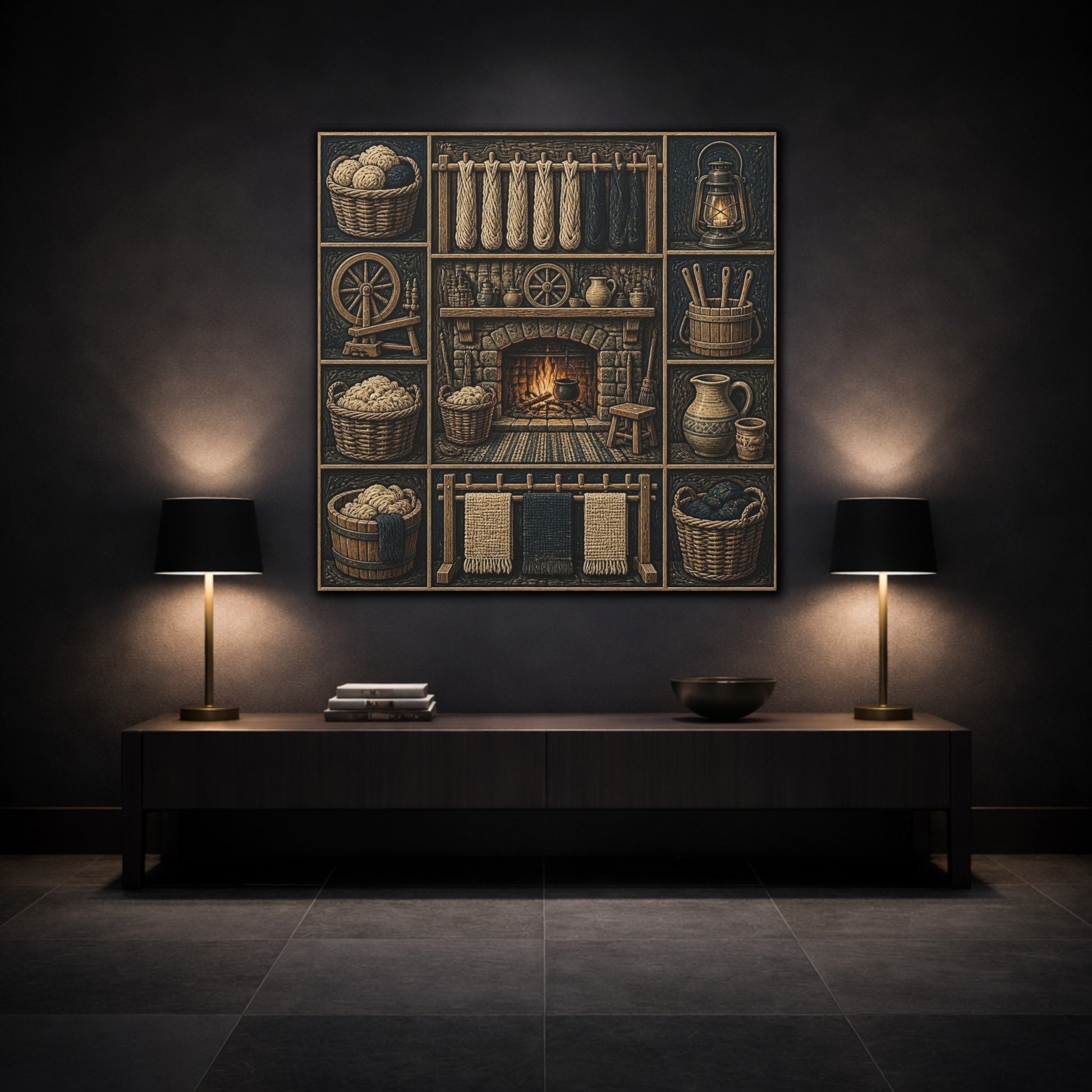 Mockup 3. Rustic Hearthside Fireplace shown as canvas print