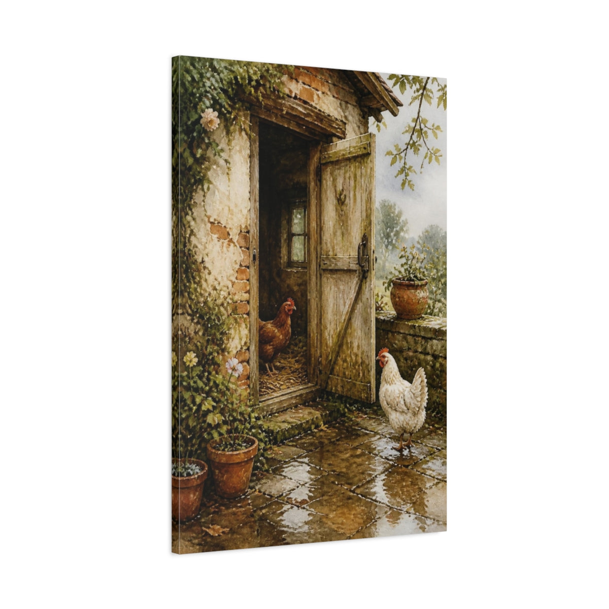 Main Mockup. Rustic Henhouse With Chickens shown as canvas print