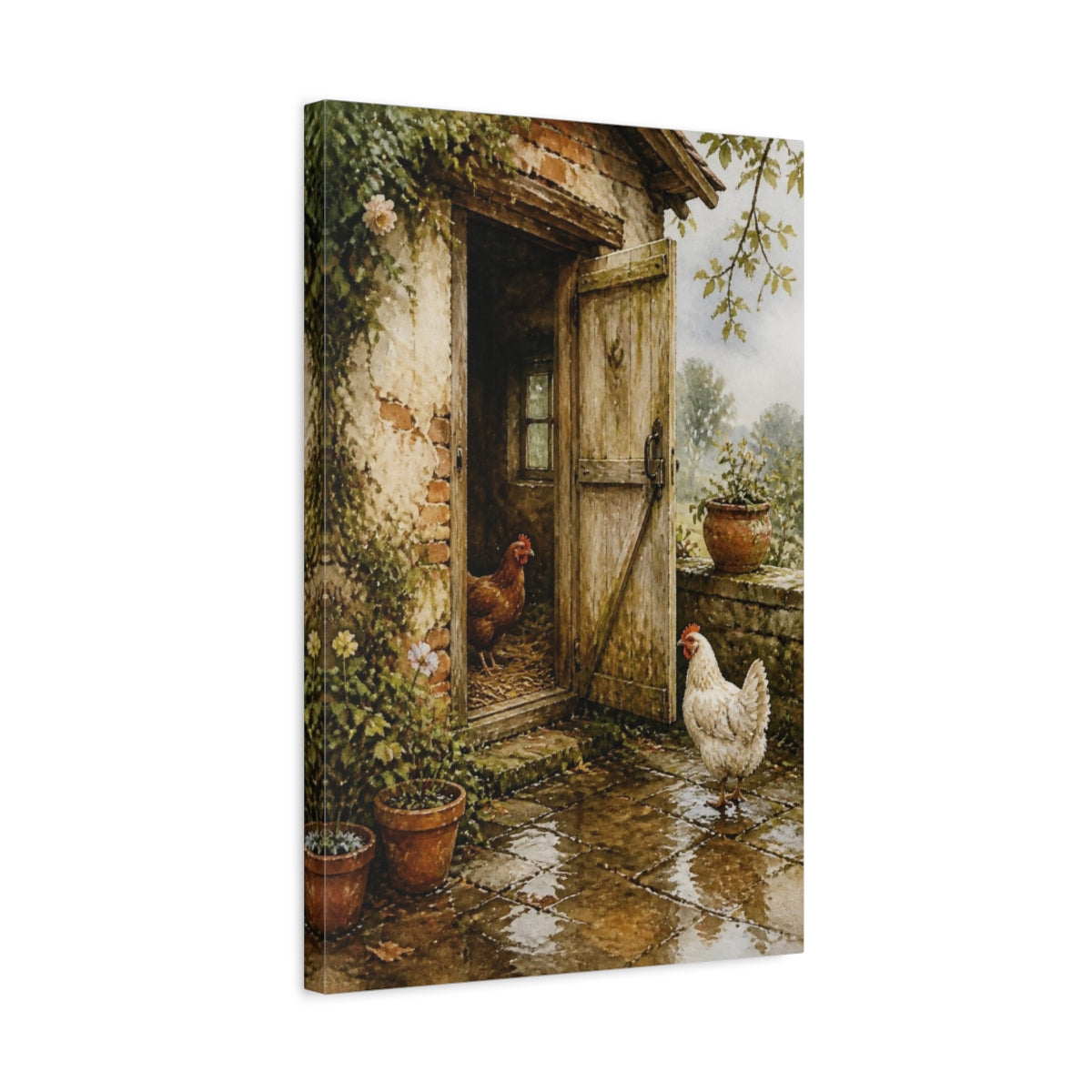 Side Mockup 3. Rustic Henhouse With Chickens shown as canvas print
