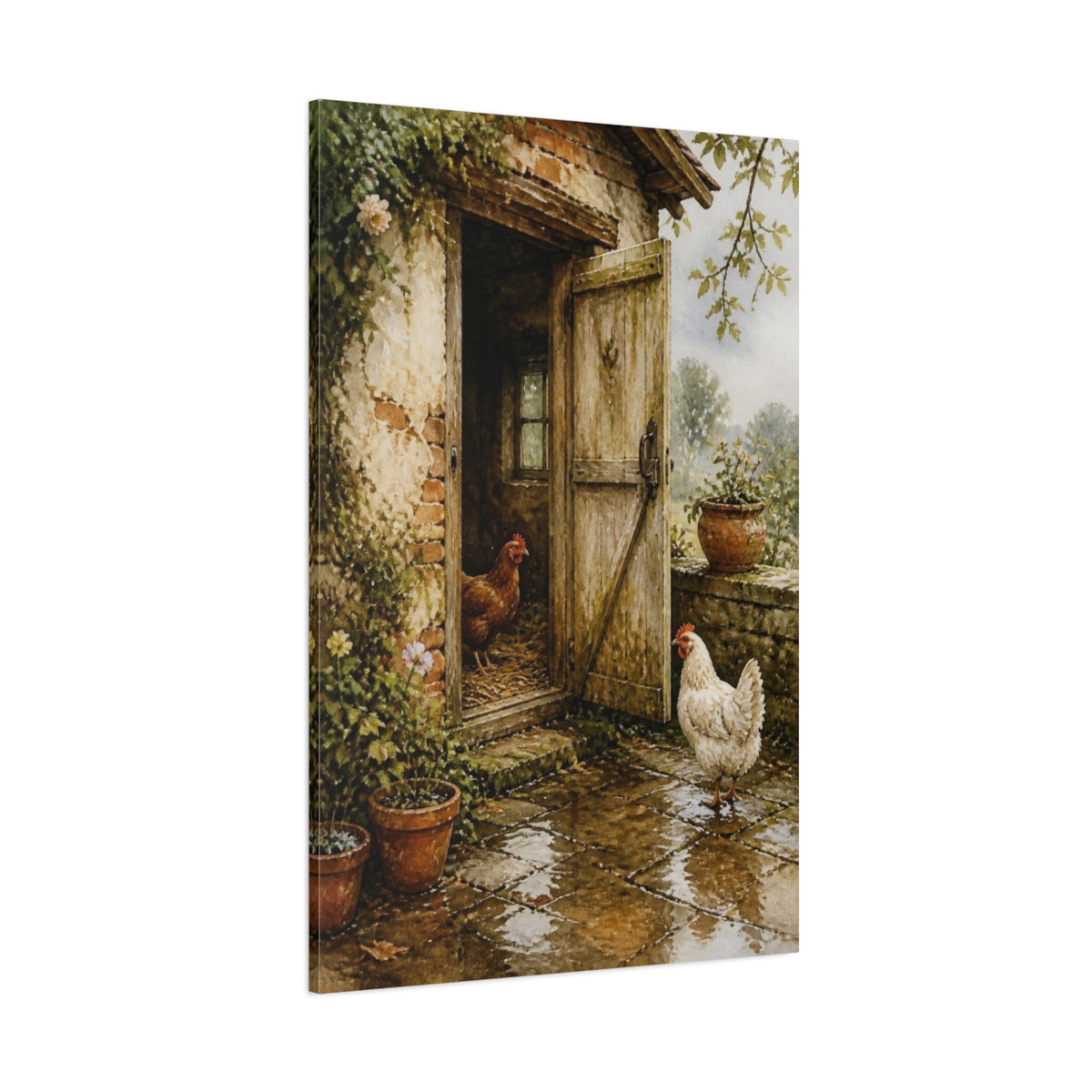 Side Mockup 1. Rustic Henhouse With Chickens shown as canvas print