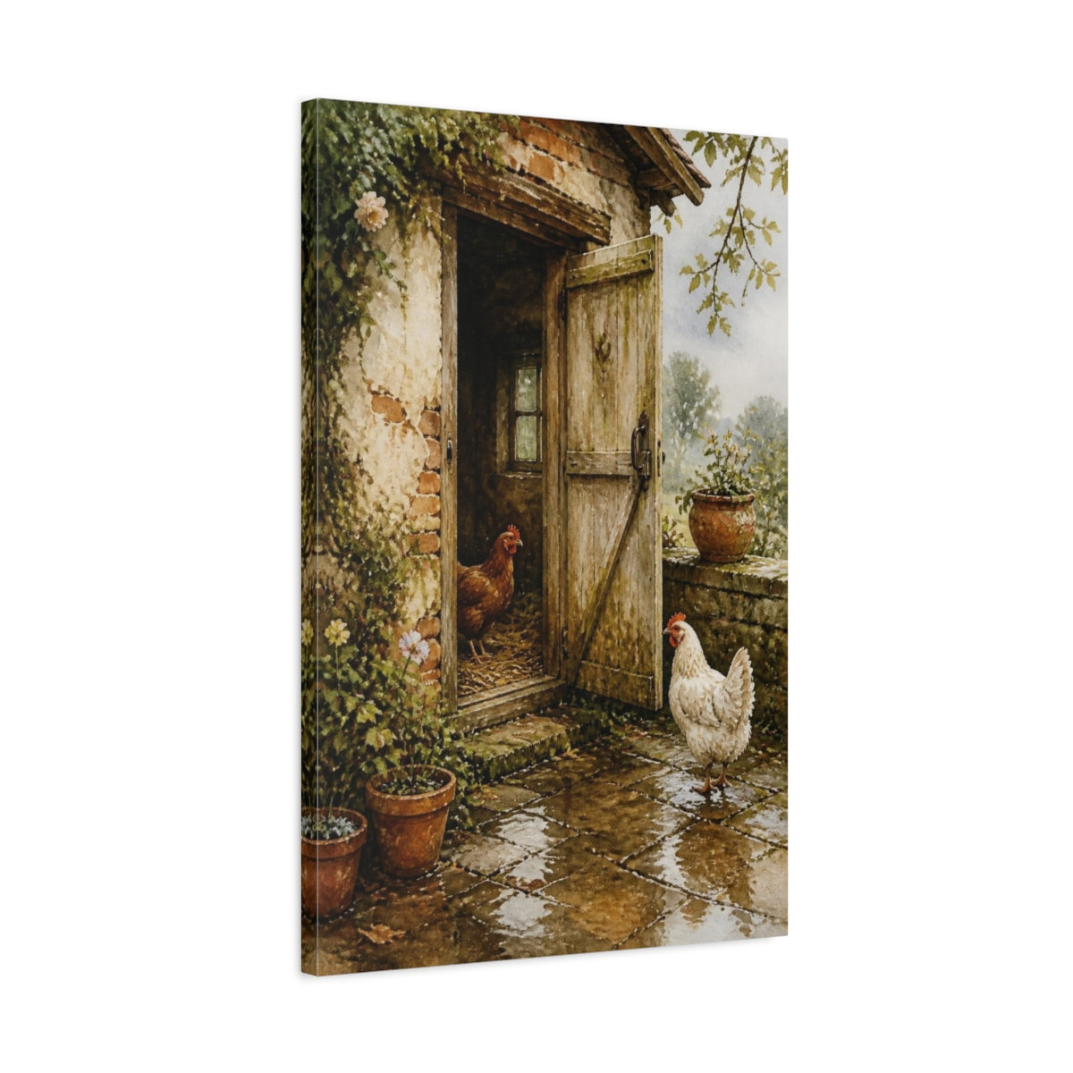 Side Mockup 2. Rustic Henhouse With Chickens shown as canvas print