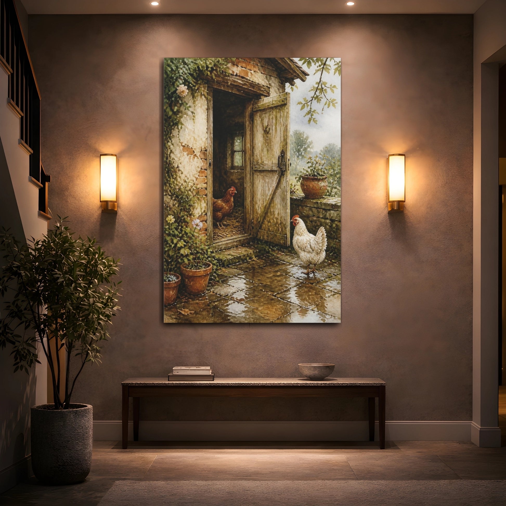 Mockup 2. Rustic Henhouse With Chickens shown as canvas print