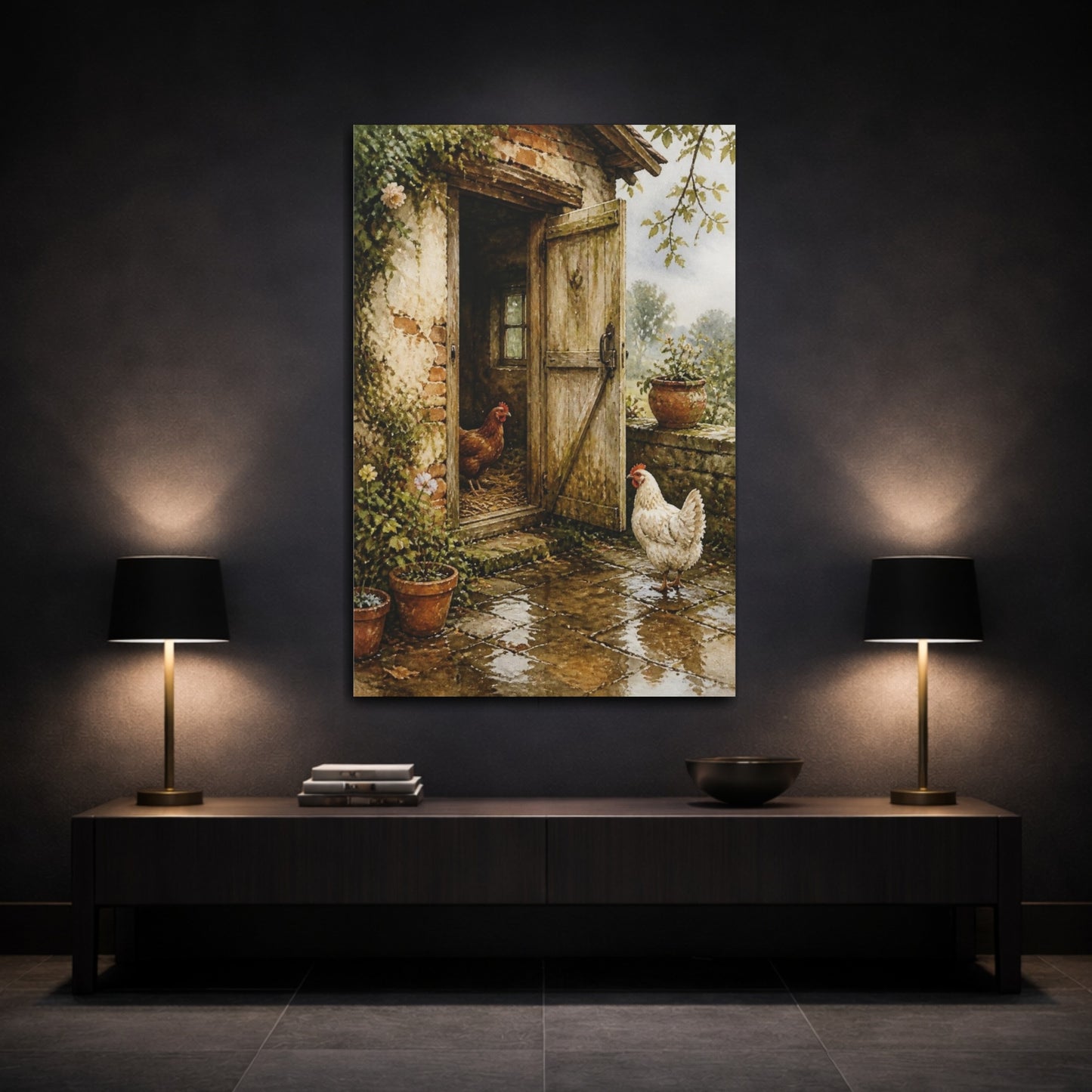 Mockup 3. Rustic Henhouse With Chickens shown as canvas print