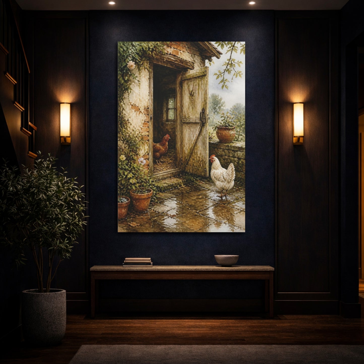 Mockup 4. Rustic Henhouse With Chickens shown as canvas print