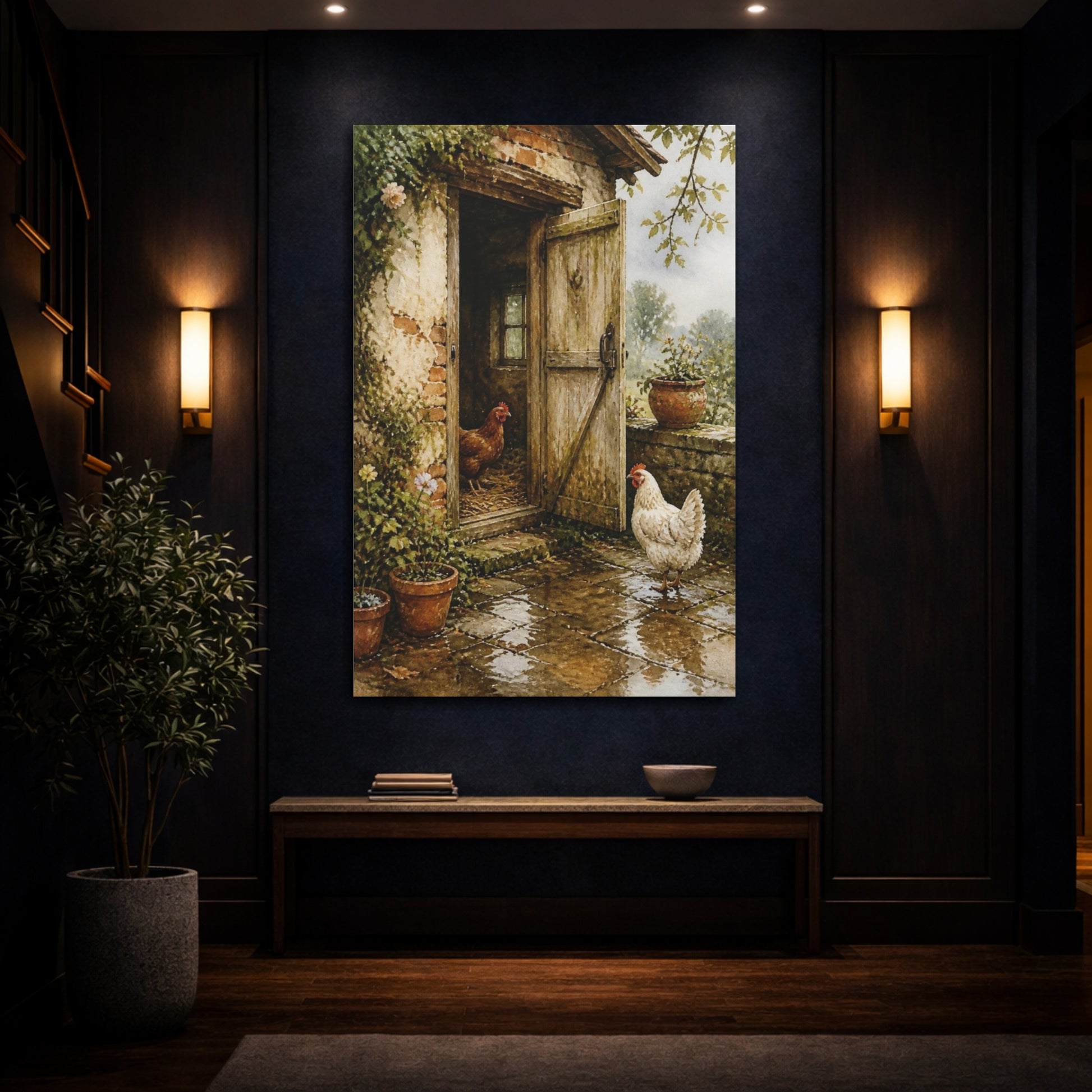 Mockup 4. Rustic Henhouse With Chickens shown as canvas print