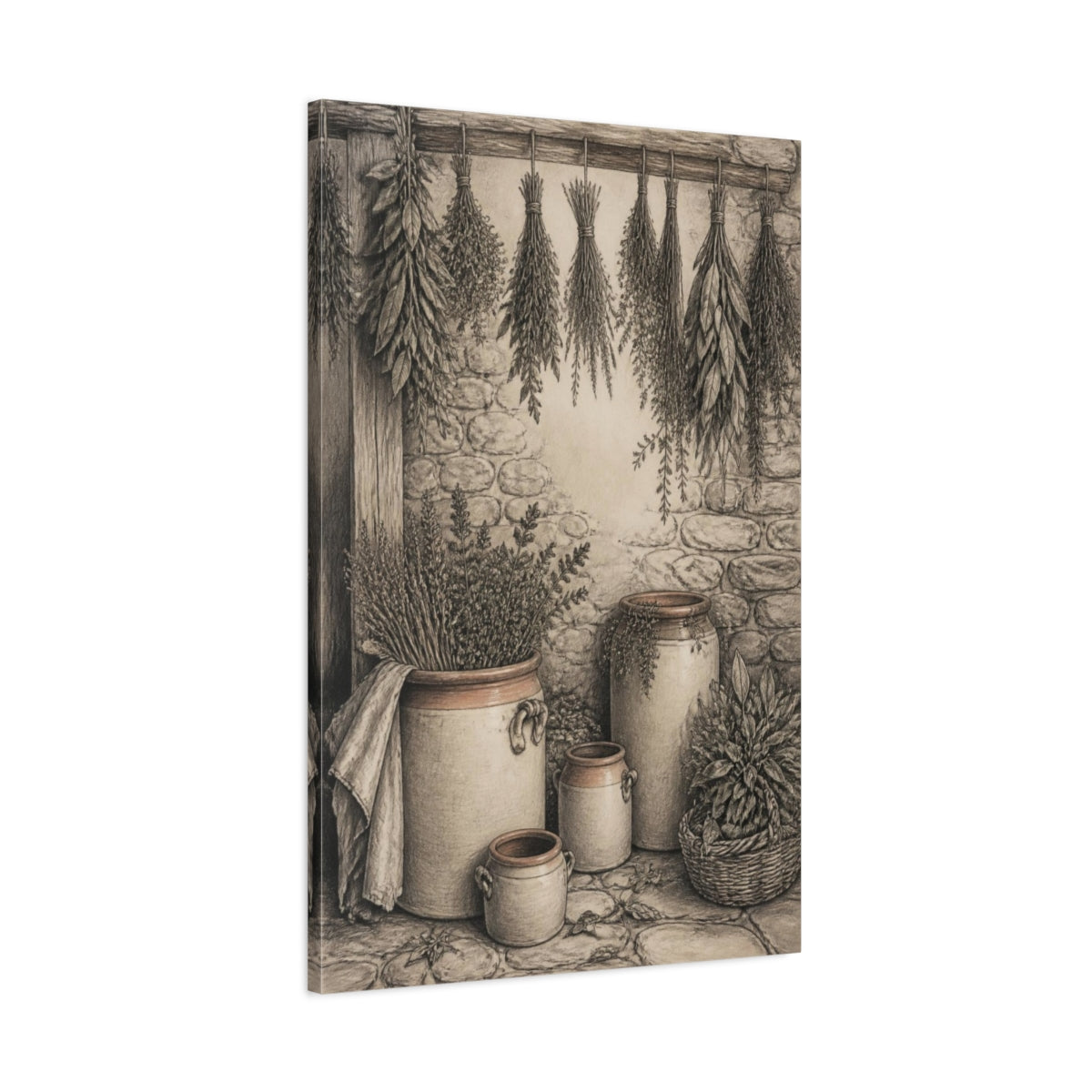 Main Mockup. Rustic Herb Crocks shown as canvas print