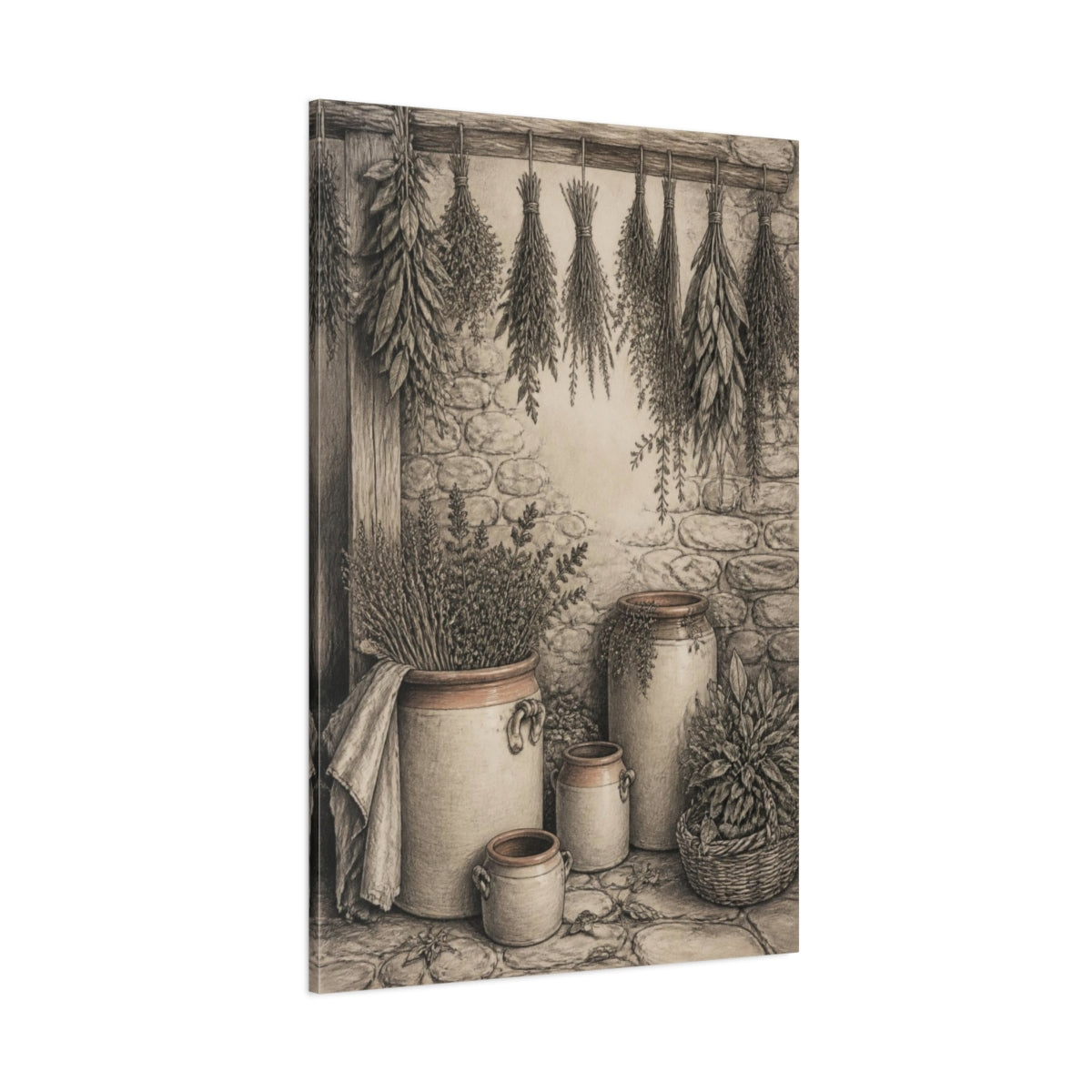 Side Mockup 1. Rustic Herb Crocks shown as canvas print