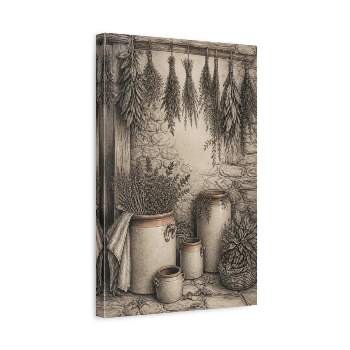 Side Mockup 4. Rustic Herb Crocks shown as canvas print