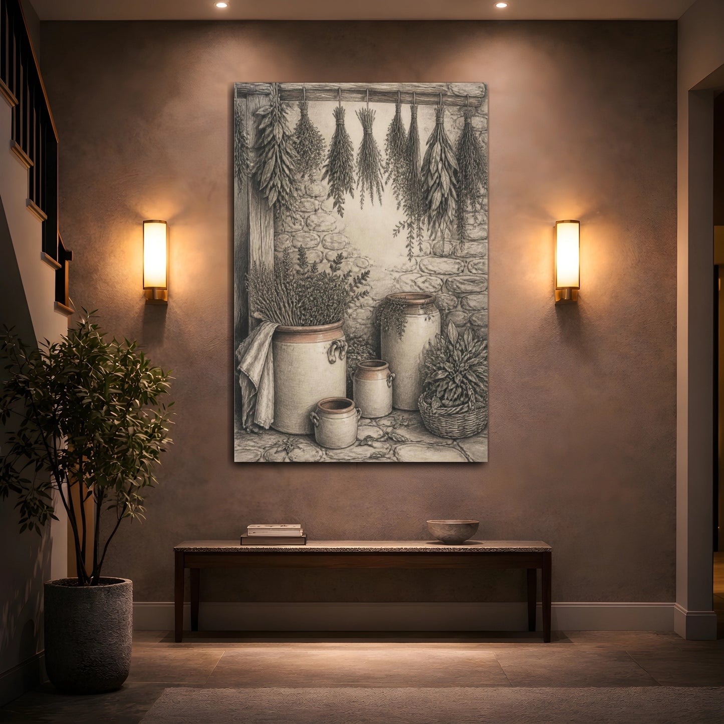 Mockup 2. Rustic Herb Crocks shown as canvas print