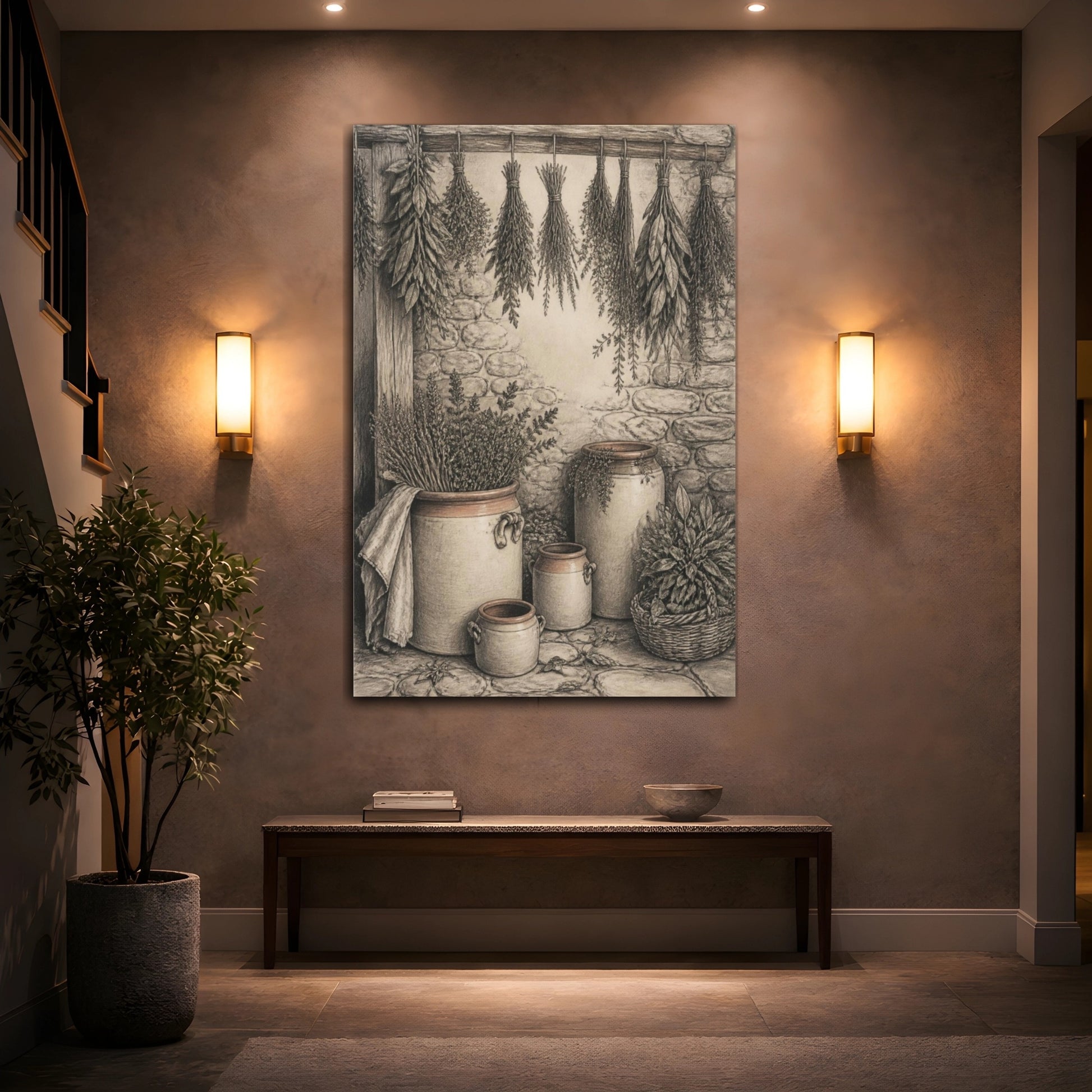 Mockup 2. Rustic Herb Crocks shown as canvas print