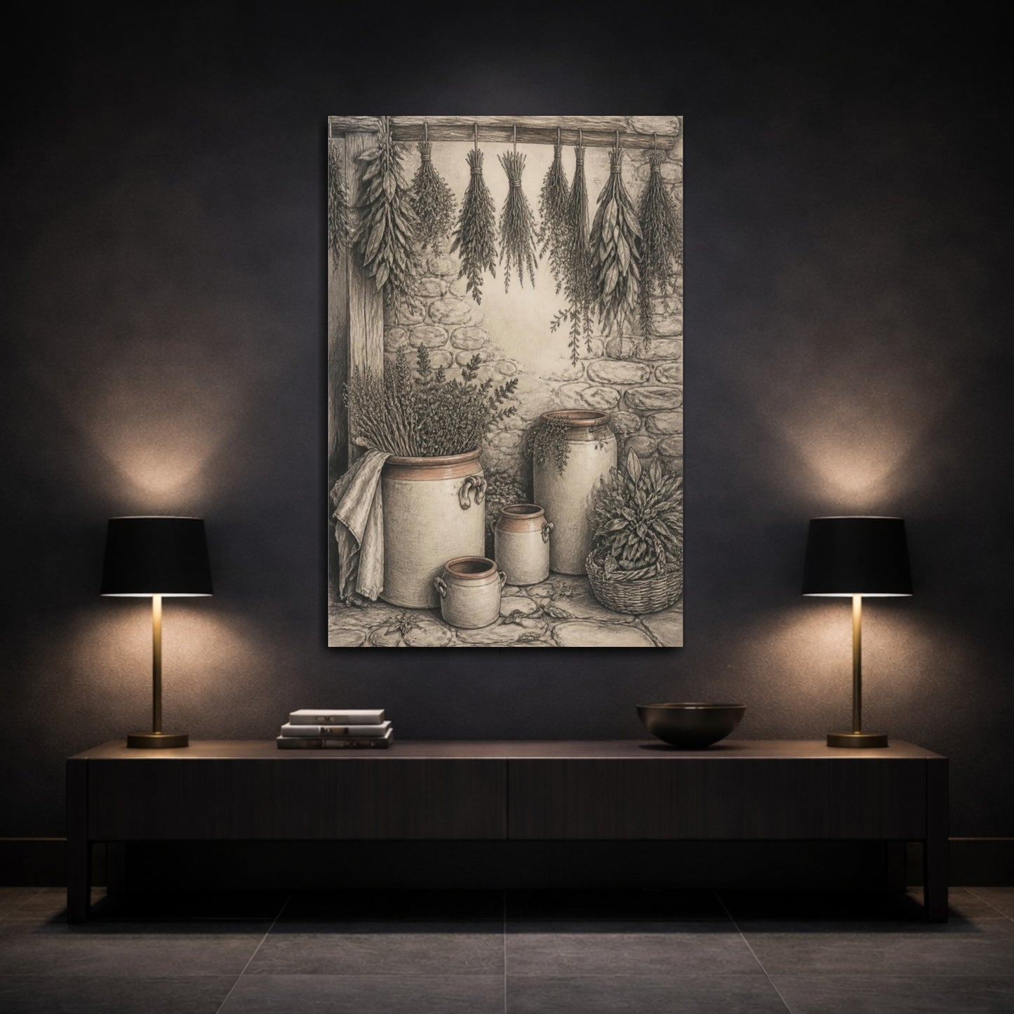Mockup 3. Rustic Herb Crocks shown as canvas print