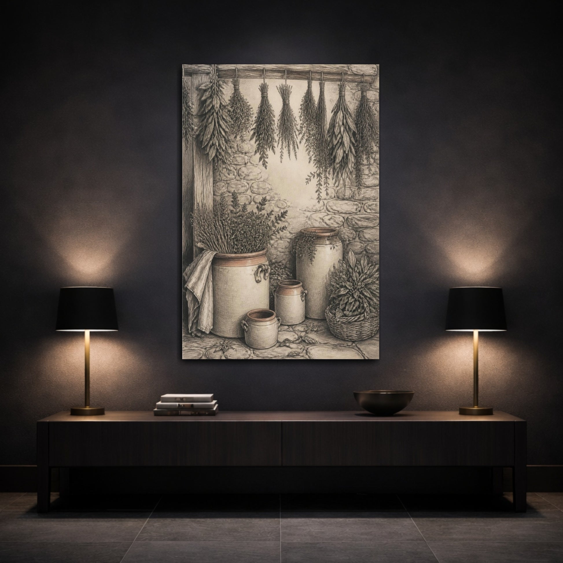 Mockup 3. Rustic Herb Crocks shown as canvas print