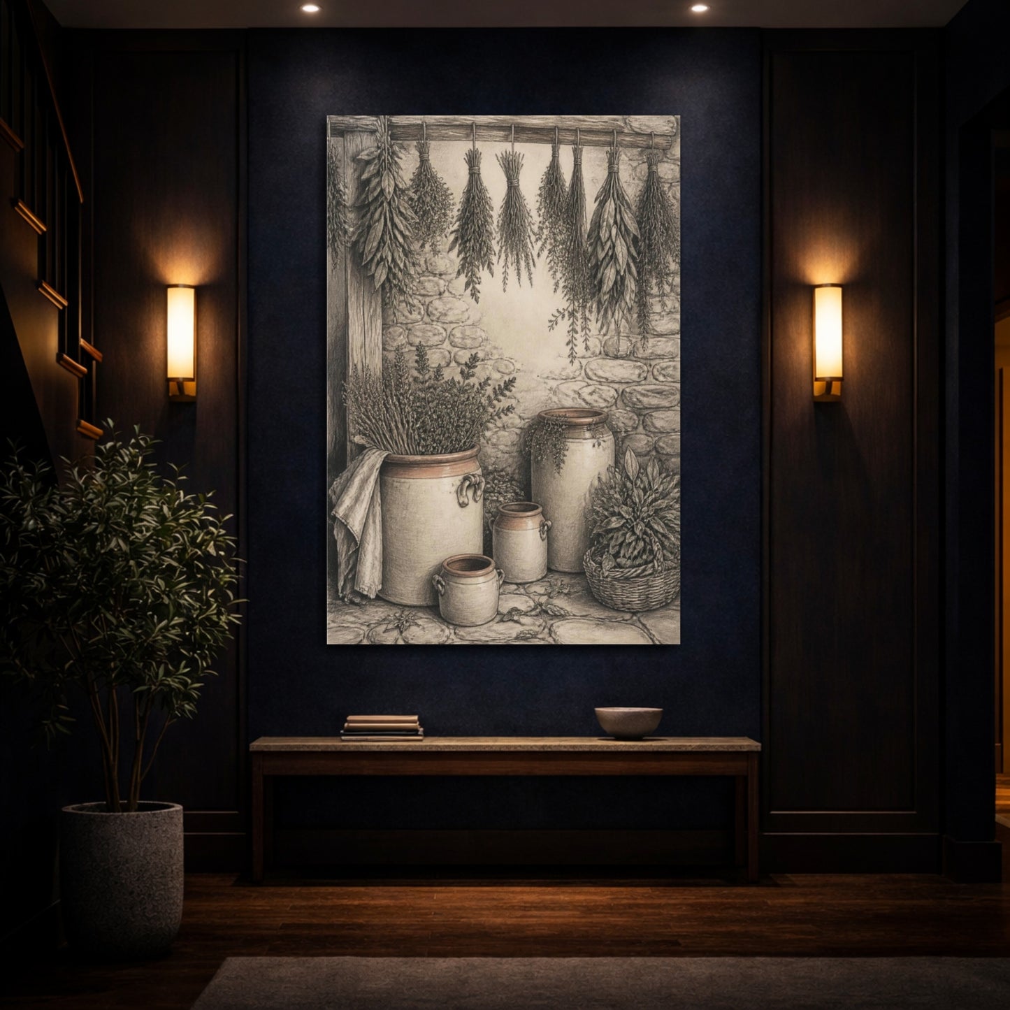 Mockup 4. Rustic Herb Crocks shown as canvas print