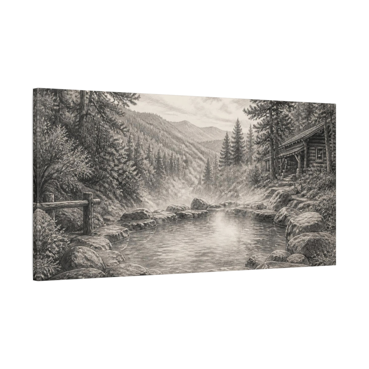 Main Mockup. Rustic Hot Spring Retreat shown as canvas print