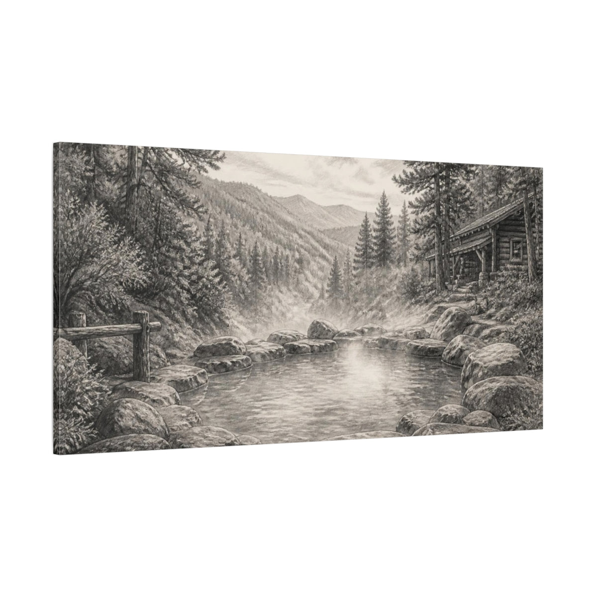 Side Mockup 2. Rustic Hot Spring Retreat shown as canvas print