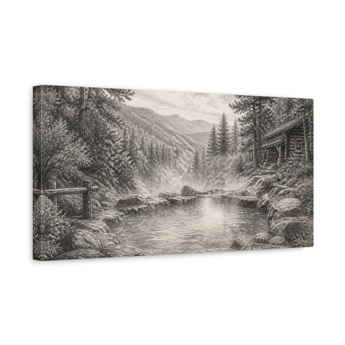 Side Mockup 3. Rustic Hot Spring Retreat shown as canvas print