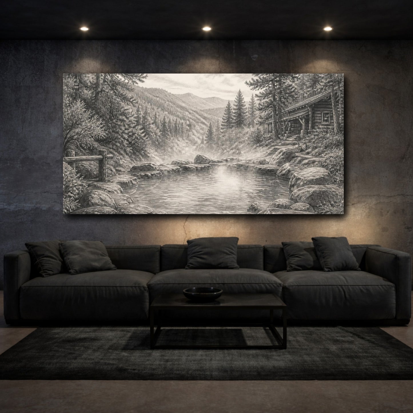 Mockup 3. Rustic Hot Spring Retreat shown as canvas print