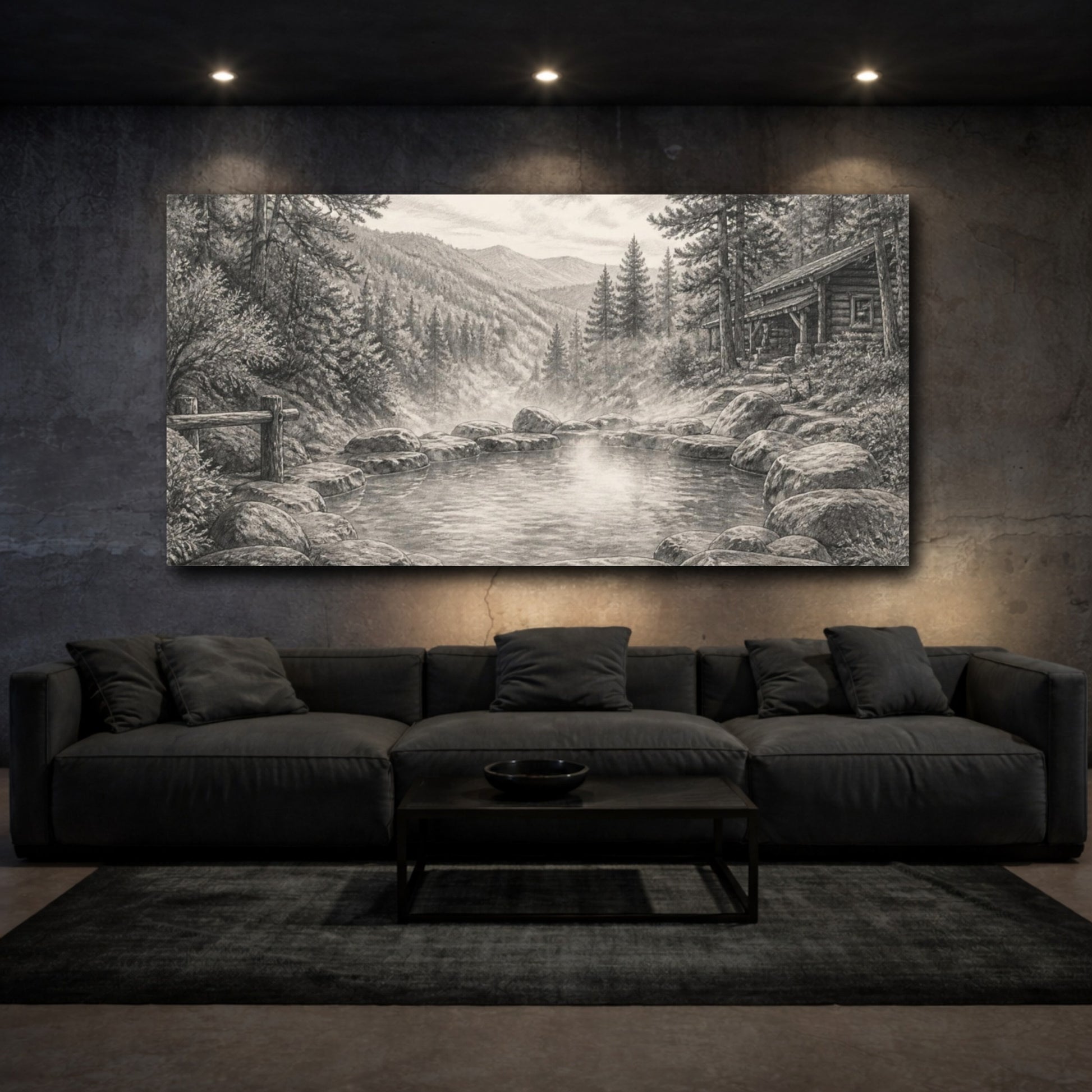 Mockup 3. Rustic Hot Spring Retreat shown as canvas print