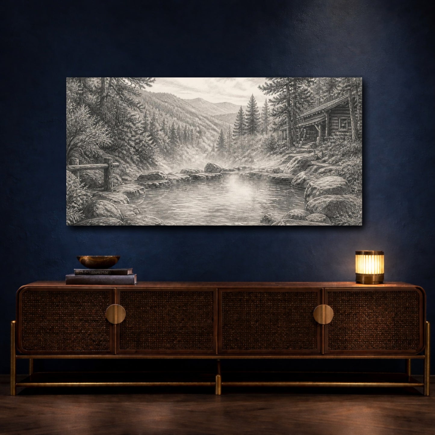 Mockup 4. Rustic Hot Spring Retreat shown as canvas print