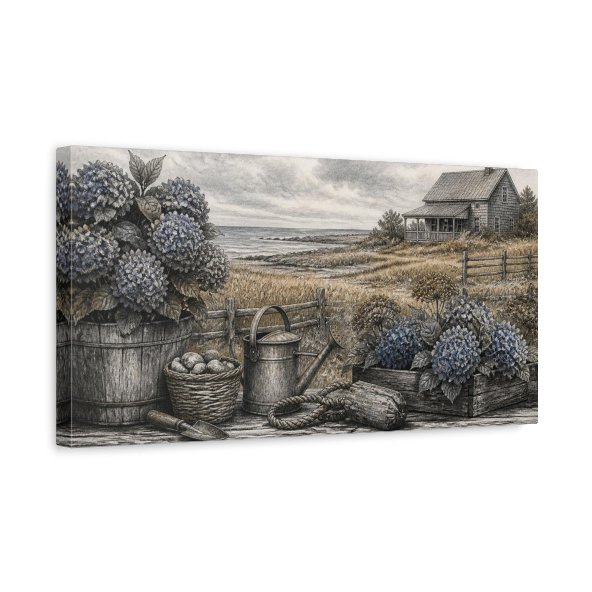 Side Mockup 3. Rustic Hydrangeas By Sea shown as canvas print