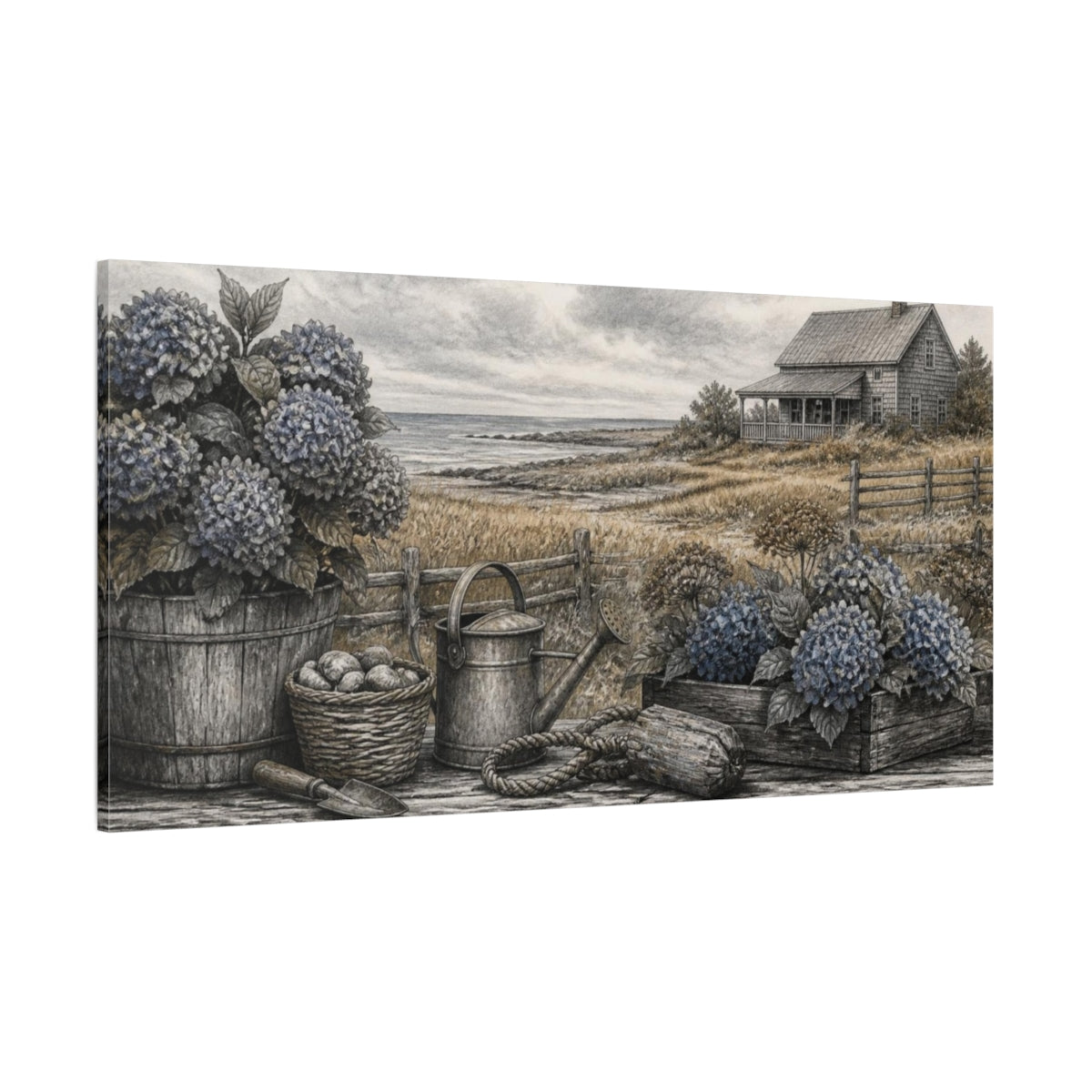Side Mockup 2. Rustic Hydrangeas By Sea shown as canvas print