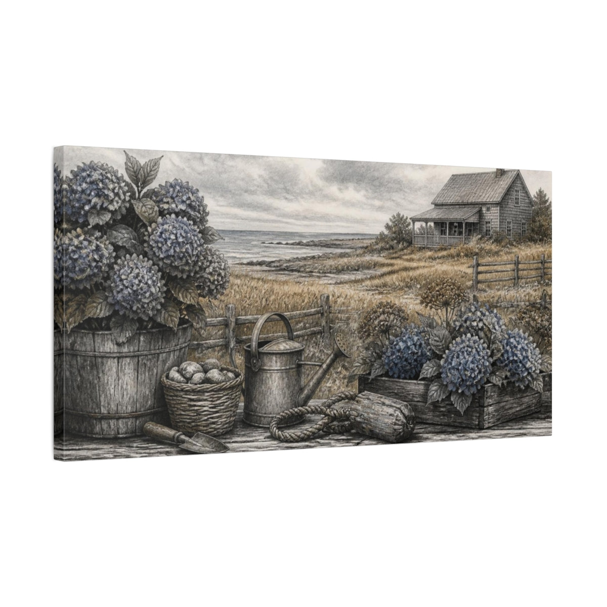 Side Mockup 1. Rustic Hydrangeas By Sea shown as canvas print