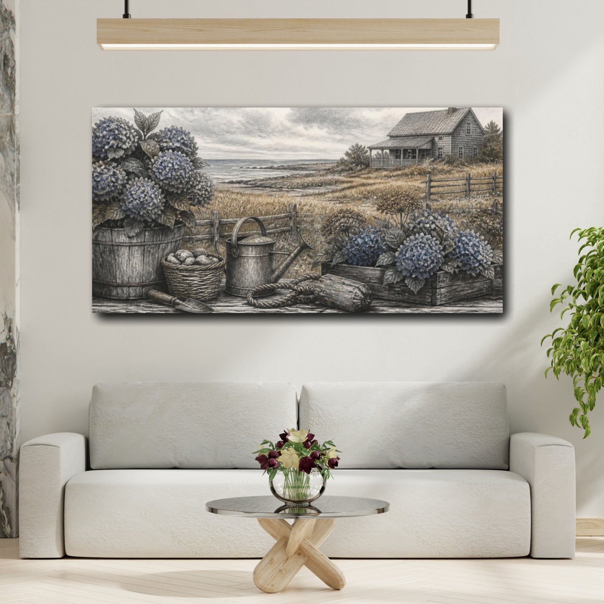 Mockup 2. Rustic Hydrangeas By Sea shown as canvas print