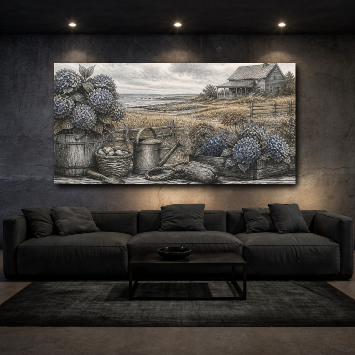 Mockup 3. Rustic Hydrangeas By Sea shown as canvas print