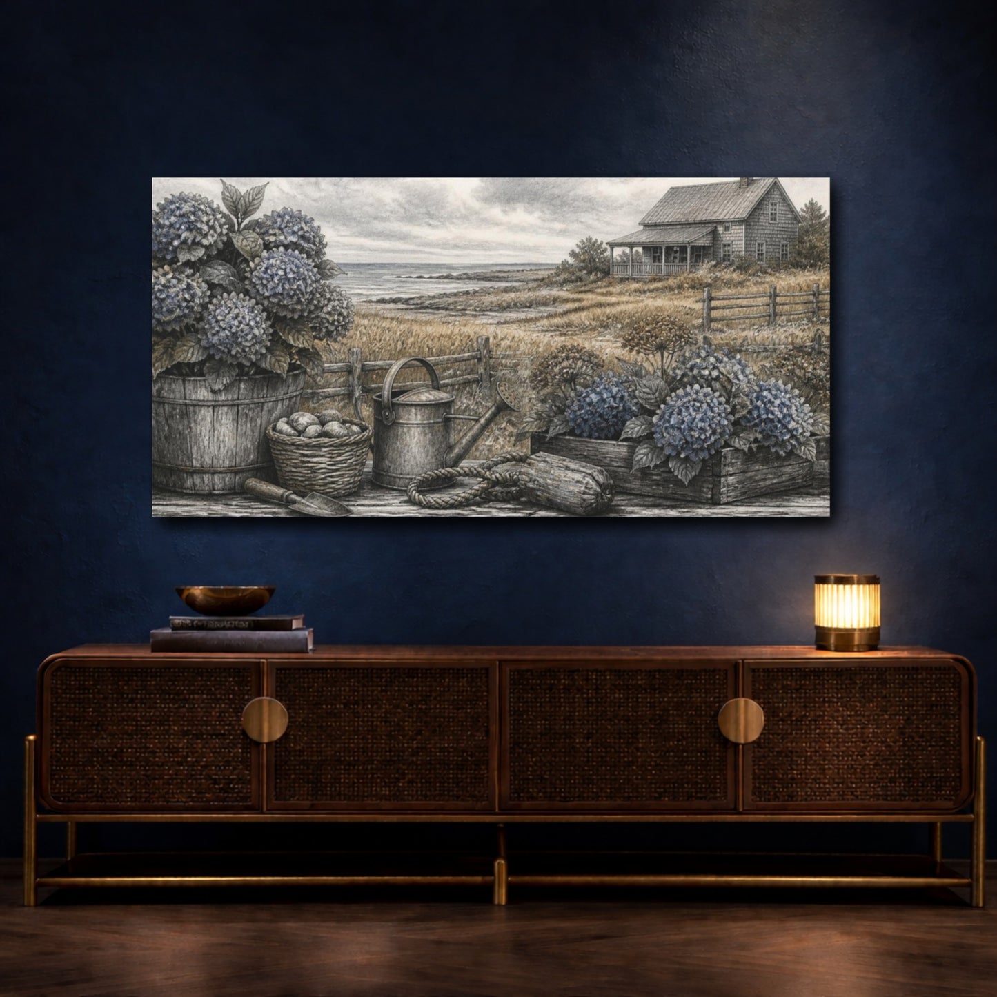 Mockup 4. Rustic Hydrangeas By Sea shown as canvas print