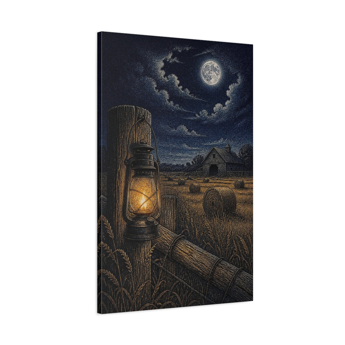 Main Mockup. Rustic Lantern In Hayfield shown as canvas print