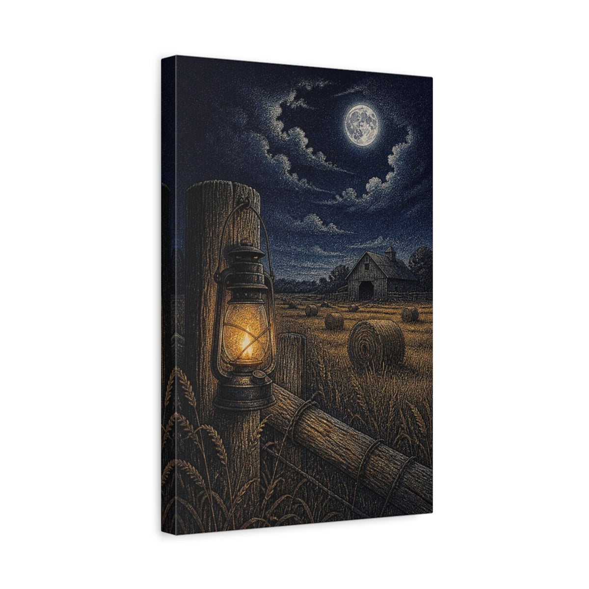 Side Mockup 4. Rustic Lantern In Hayfield shown as canvas print
