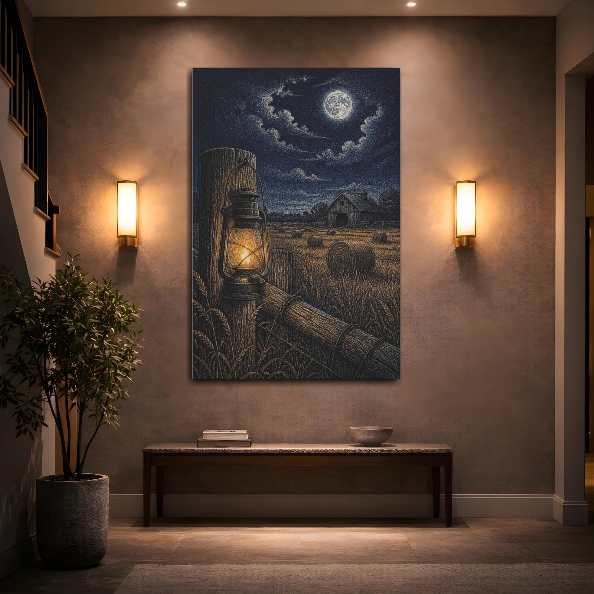 Mockup 2. Rustic Lantern In Hayfield shown as canvas print