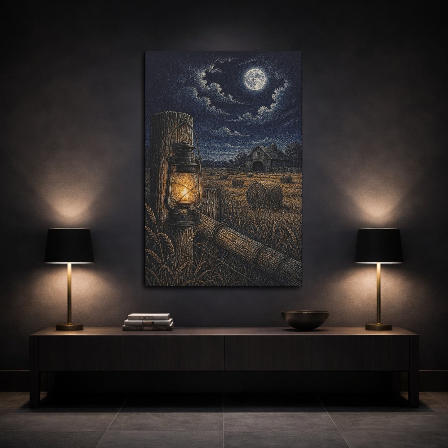 Mockup 3. Rustic Lantern In Hayfield shown as canvas print